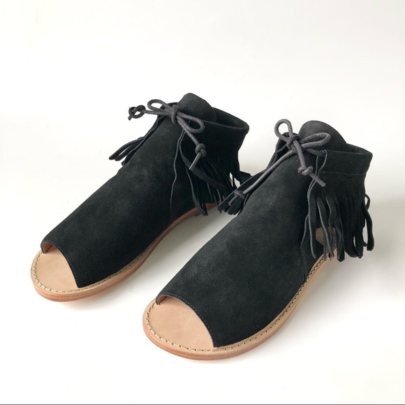 Martha Davis Black Suede Fringe Peep Toe Flat Booties Size 38/7.5 -8 US - Picture 1 of 9